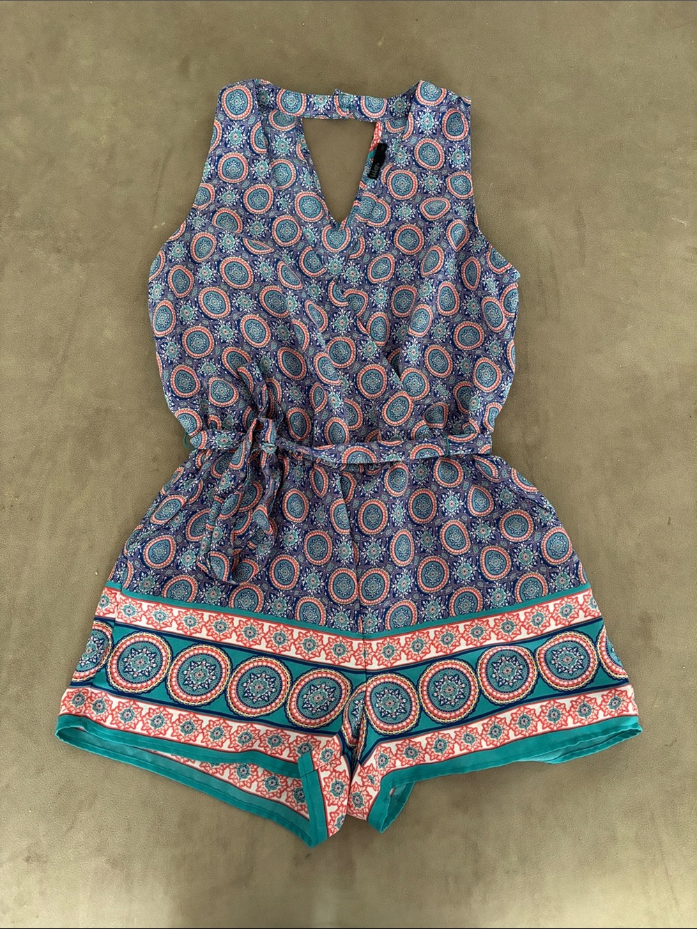 Sleeveless Patterned Romper in Teal & Coral